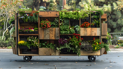 Mobile planters on wheels,  movable to different locations, controls sun exposure, urban gardening convenience