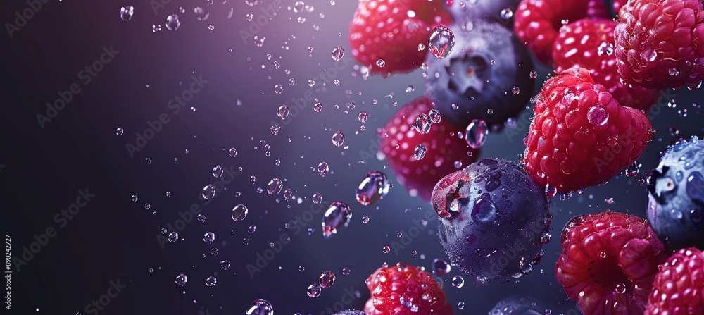 Sticker A close up of a bunch of raspberries and blueberries with water droplets on them