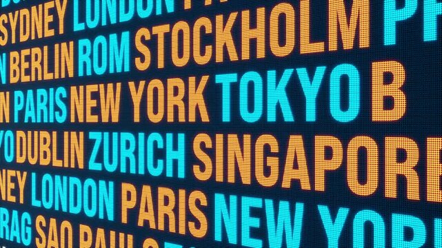 Close up screen with different city names like Tokyo, Sydney, New York, Paris, Rom. Random moving letters change to names of global capital cities.