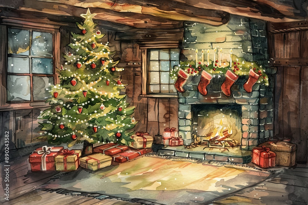 Poster A Christmas scene with a fireplace, a Christmas tree