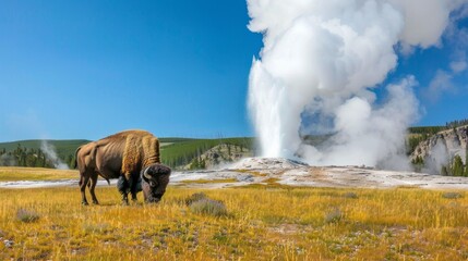 A buffalo is grazing in a field next to a geyser