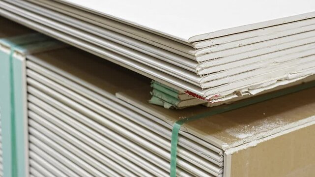 gypsum board on a rack in a hardware store. sale of building materials for repair and construction.