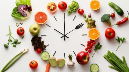 Clock of Fruits and Vegetables. Nutritious Food Reference Picture with Copy Space