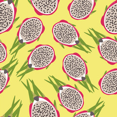 Seamless pattern ripe dragon fruit half in cut, pitahaya, pitahaya, long yang on yellow background - vector color flat illustration for packaging, textile, wallpaper