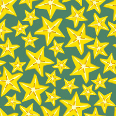 Seamless pattern slices of ripe carambola fruit on green background - vector color flat illustration for packaging, textile, wallpaper
