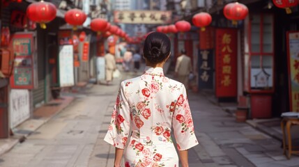 Woman in a cheongsam-style qipao walking past traditional Chinese shops, 1970s Hong Kong, [historic elegance], [cultural richness]