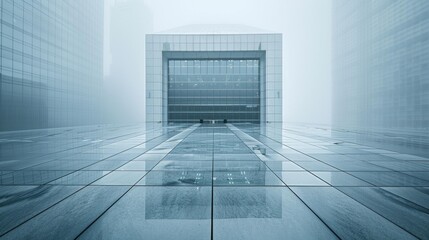Obraz premium Modern architectural building in fog - generative ai