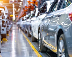 Obraz premium Efficient assembly line of contemporary vehicles in busy automotive manufacturing plant