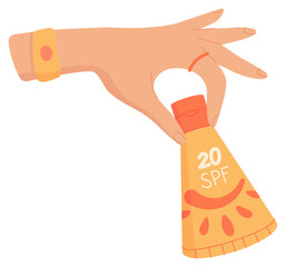 Hand hold sun block oil tube sticker, cartoon uv protection cosmetic tube, creative spf oil bottle, flat solar screen spray product, vector sunblock moisturizer pack,