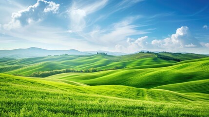 Fototapeta premium Hills Green. Tuscany Landscape: Rolling Grass Hills under Blue Sky