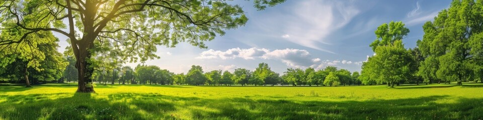 Trees Field. Summer Panorama of Park Meadow with Green Trees and Blue Sky
