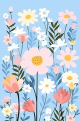 Obraz premium A whimsical floral vector illustration features various pastel pink, yellow, and white wildflowers with green leaves against a light blue background.