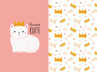 Illustration with funny cartoon cat with crown and seamless pattern with crown and hearts. Lovely girlish pink colored vector graphic for apparel t-shirt print, textile