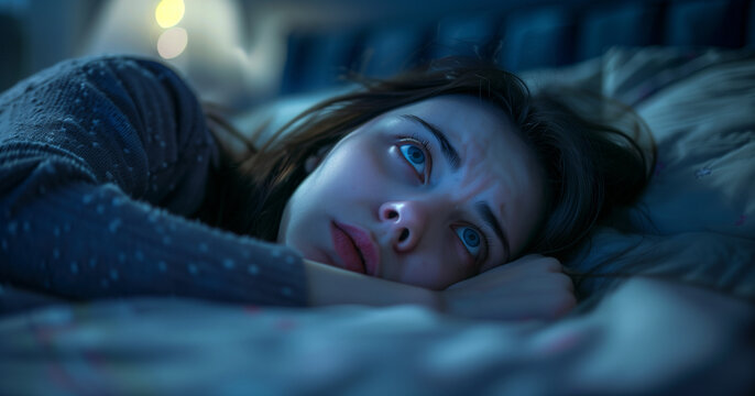 a sleepless woman lying in bed with her eyes open