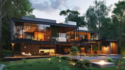 Obraz premium Modern Cubic House Villa With Glass Walls