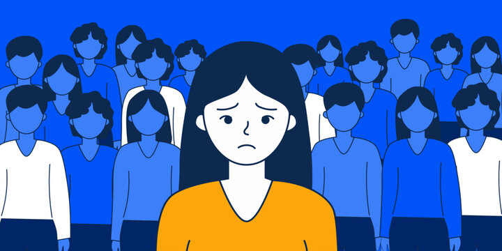 Unhappy young woman feel lonely abandoned in crowd suffer from communication lack