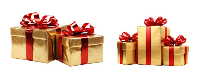 Shiny gold wrapped gifts with red ribbon Isolated On Transparent Background Png File