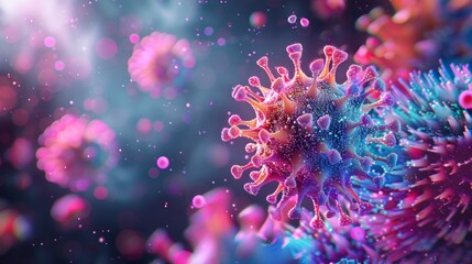 A vibrant 3D depiction of a virus's molecular structure, with bright colors highlighting the different components.