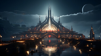 Fototapeta premium A futuristic city with towering spires and a glowing palace at its center. People walk along bridges and pathways leading to the palace, illuminated by streetlamps.