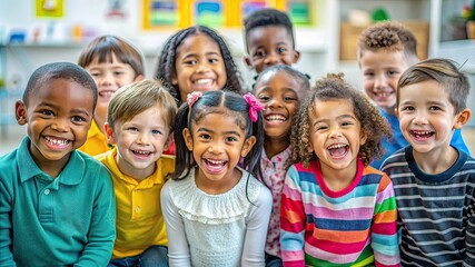 A diverse group of young children smiling in a bright classroom setting, showcasing joy and inclusivity in education.