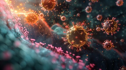 A dynamic 3D visualization of viral replication inside a host organism, highlighting the rapid spread and pathogenic effects.