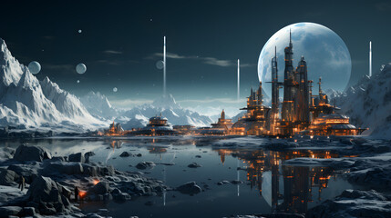 A futuristic city on an alien planet. The city is lit up with warm lights, and the icy landscape is reflected in a calm lake.