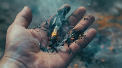 Warning Signs: Close-up of Person Holding Burned E-cigarette, Showing Hand Injury from Explosion, Emphasizing Safety Risks