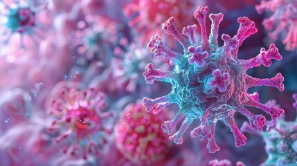 A scientific 3D illustration showing the interaction between a virus and the immune system, highlighting the challenges of detecting and controlling asymptomatic carriers.