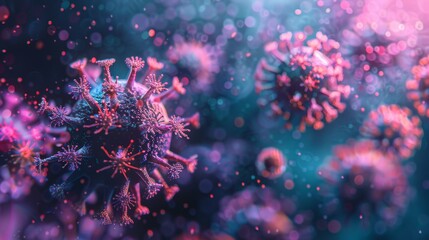 A vibrant 3D illustration of multiple virus particles floating in a dark background, symbolizing the spread of disease.