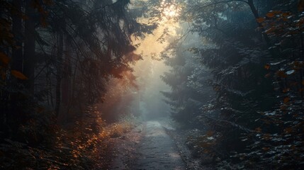 Forest Path in Morning Fog