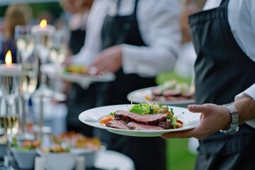 Waiters Serving Meat Dish at Festive Event with Wine Glasses