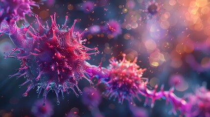 A detailed 3D illustration of a virus cell with spike proteins, showcasing its structure and anatomy in vivid colors.