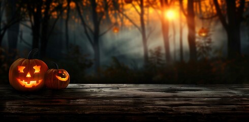 Halloween pumpkins on a wooden table with a blurred dark background of a spooky forest at sunset, copy space for a product display presentation design concept in the style of sunset