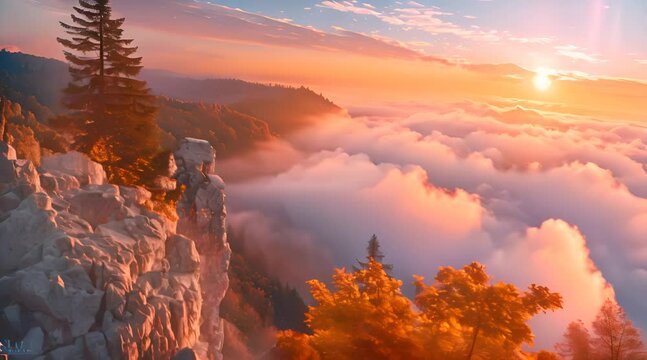 Sunset in autumn mountains above the clouds during the weather inversion in Slovakia