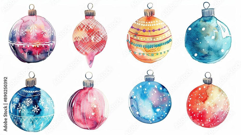 Sticker A set of watercolor painted Christmas ornaments