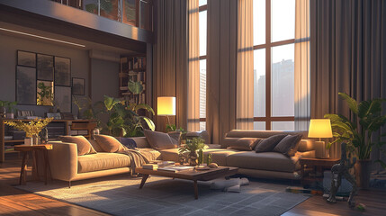 Fototapeta premium A series of stylish living room interiors featuring modern furniture, contemporary decor, and various lighting setups. The rooms showcase different design themes, including neutral tones, wood accents