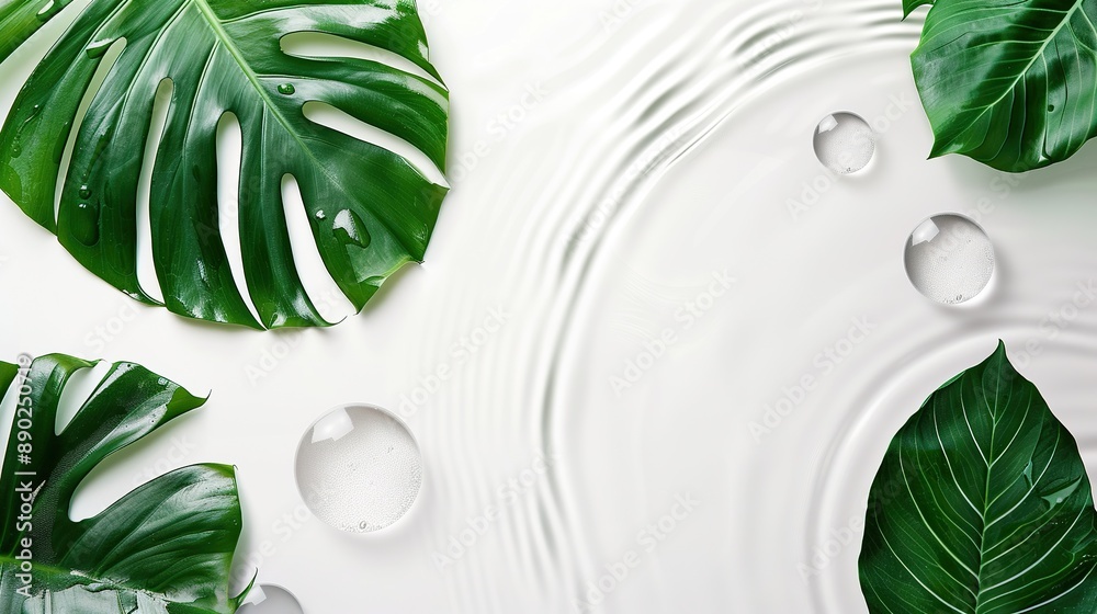 Wall mural tropical monstera leaves on white background with water ripples and copy space