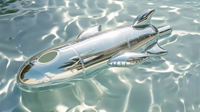 A throwback pool float in the shape of a silver rocket ship with sleek curves and metallic accents evoking a sense of space age nostalgia.