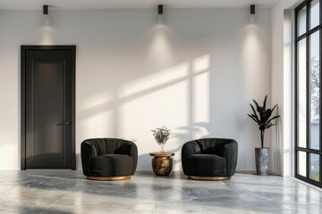 Minimalist interior of living room with black armchairs, coffee table and white walls mock up, empty space for your design or presentation.