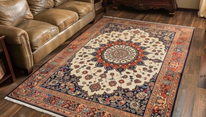 Traditional oriental rug with rich colors, intricate details, centerpiece of cozy living rooms
