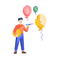 Man popping flying balloons, deflation concept flat illustration 

