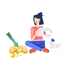 Fototapeta premium Woman reading bills worried about money crisis, flat illustration