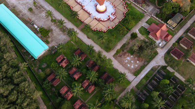 Drone video, high angle, Wat Mahathat Wachira Mongkhon (Wat Bang Thong), Krabi Province, 46 Moo 3, Na Nuea Subdistrict, Ao Luek District, Krabi 81110 Thailand.