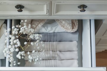 Feminine fashion  neatly folded neutral clothes in bedroom drawer   canon eos style
