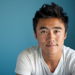 Obraz premium Young Man With Short Dark Hair Smiling Against a Blue Background