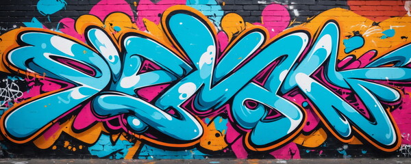 Graffiti on the wall, made in the style of pop art. The artwork is a mix of bold colors and abstract forms of street art.