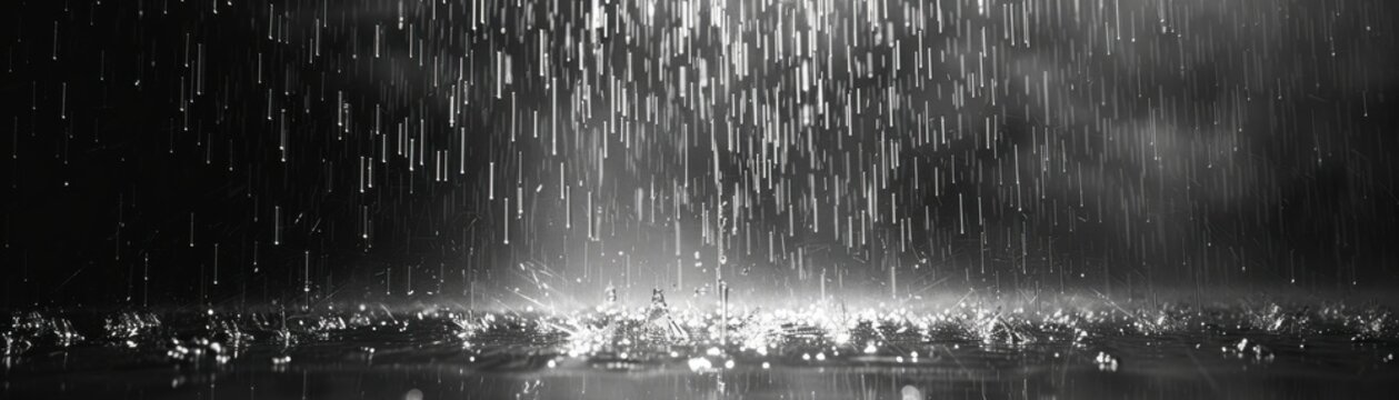 Monochromatic image of heavy rainfall hitting the ground, creating a dramatic and artistic scene with water droplets and reflections.