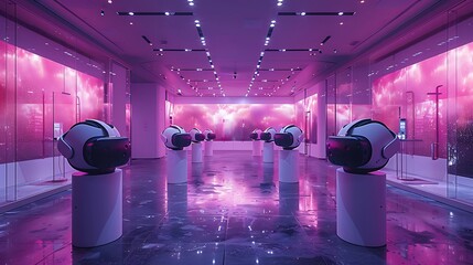 Hightech product launch event flyer showcasing an open area virtual reality expo with headsets featuring a writing space on the left side for event information and launch wishes