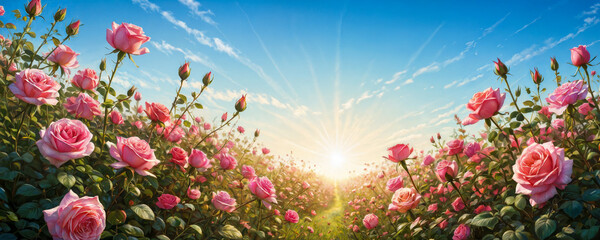 The sky is a tapestry of bright orange and blue hues, through which rays of sunlight break through, emphasizing the natural beauty of roses and hills in the background. Sunset.