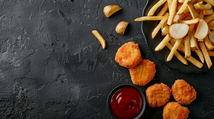 Fried chicken with French fries and nuggets, representing a meal of junk food and unhealthy eating.